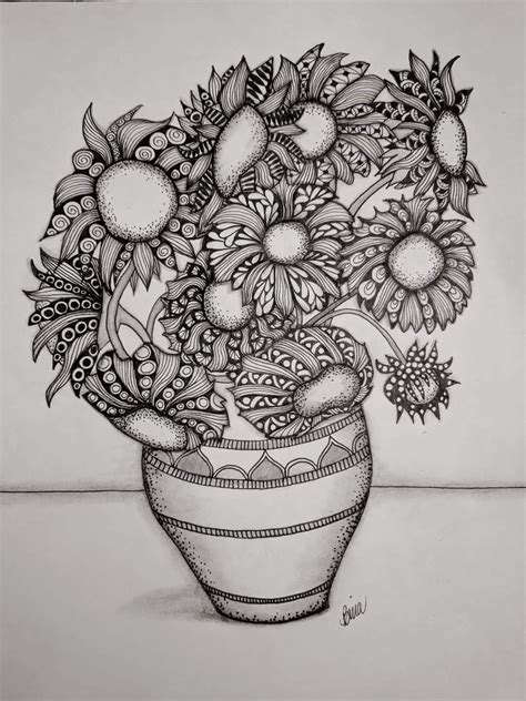 Zentangle Sunflowers In A Vase Binazen Vincentvangogh Zentangle