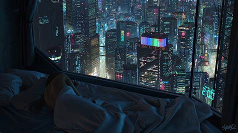 Hd Wallpaper Girl Night The City Window Bed Sleep Illustration