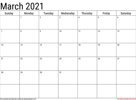 March 2021 Monthly Calendar Template