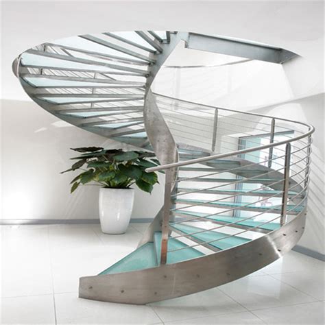 Modern Stylish Tempered Glass Steps Stainless Steel Frame Curved Stairs
