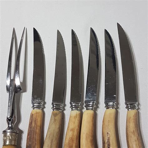 Vintage Genuine Stag Handle Antler Handle Steak Knife Set Meat Fork