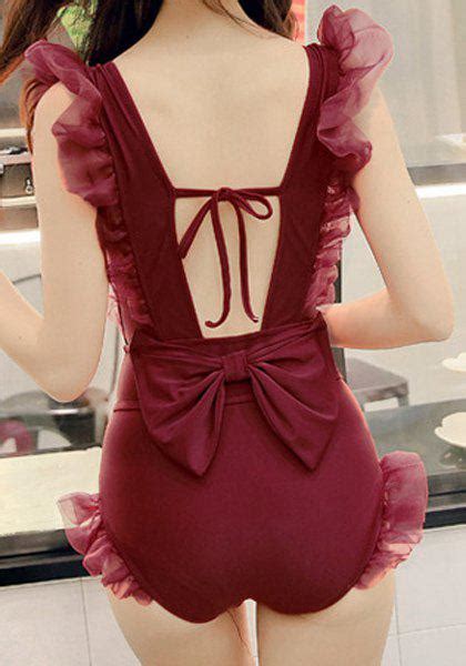 2018 Stylish Flounced Solid Color Bowknot Embellished One Piece Womens