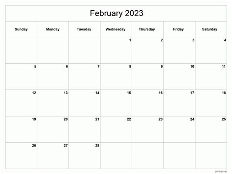 Printable February 2023 Calendar Classic Blank Sheet