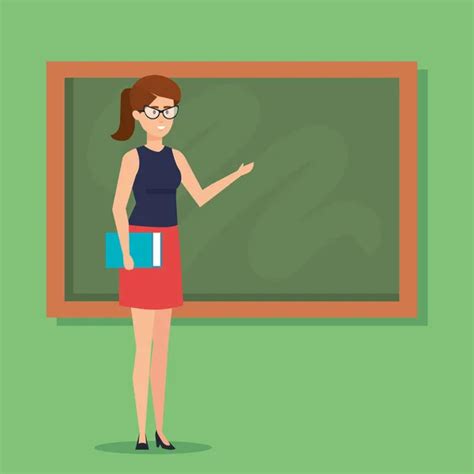 Young Female Teacher Near Blackboard Teaching Student In Classroom At