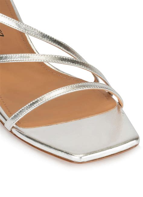Strappy Mid Heel Sandals In Silver Metallic Leather Pura Lopez