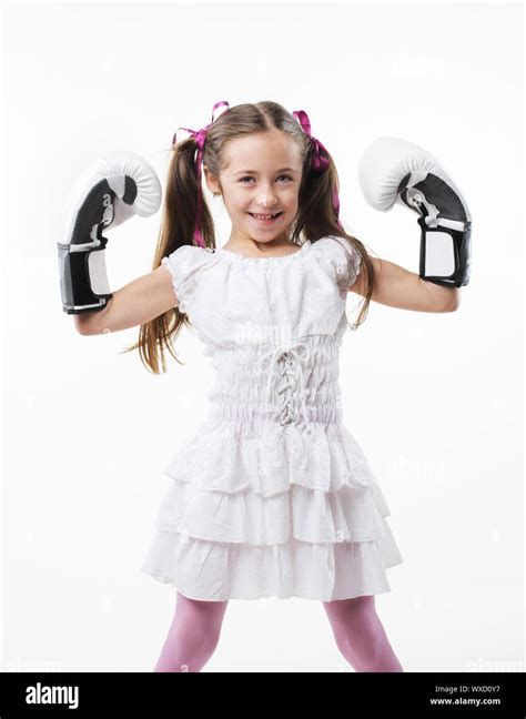 Smiling Little Girl Wearing Boxing Gloves Stock Photo Alamy