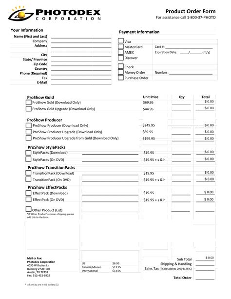 Printable Product Order Form Templates At