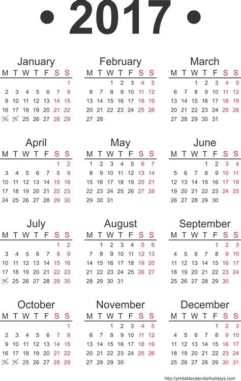 2017 Yearly Calendar Template In Portrait Format Printable Calendar