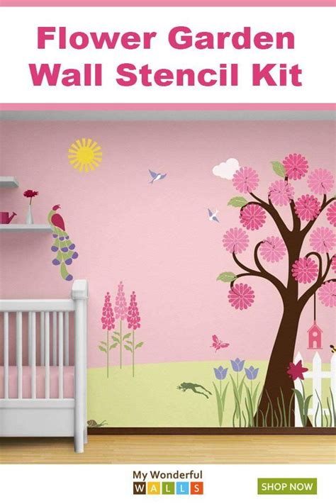 The Flower Garden Wall Stencil Kit Is Shown In Pink And Green With