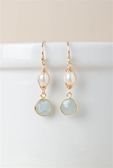 Serenity Aquamarine Pearl Herringbone Dangle Earrings Gemstones