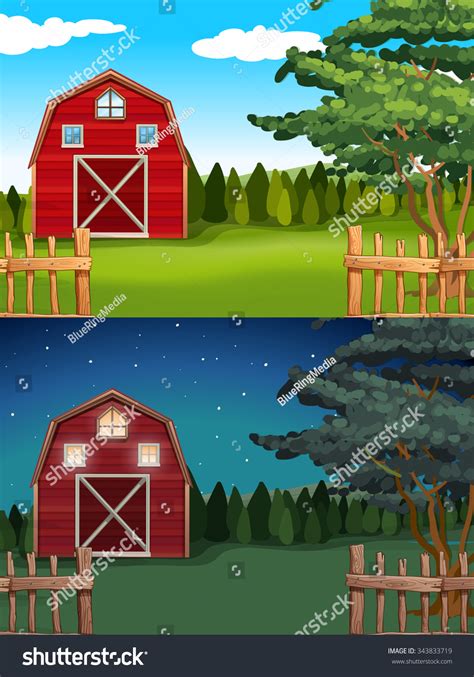 Red Barn Farm Day Night Illustration Stock Vector Royalty Free 343833719