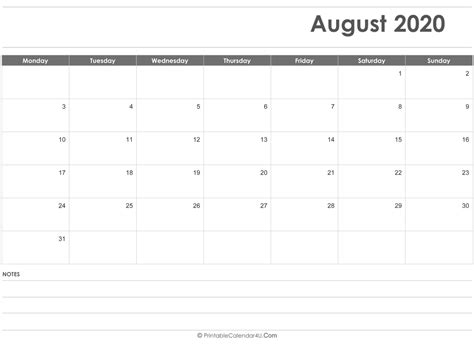August 2020 Calendar Templates