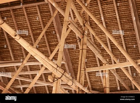 The Construction Traditional Indonesian Roof From Bamboo And Straw