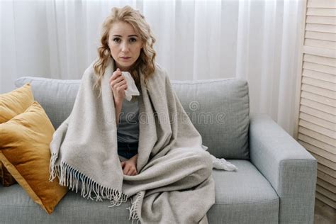 Sick Woman Covered With Blanket Sit On Sofa Stock Image Image Of Feel Contagious 211348979