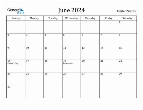 June 2024 Monthly Calendar With United States Holidays