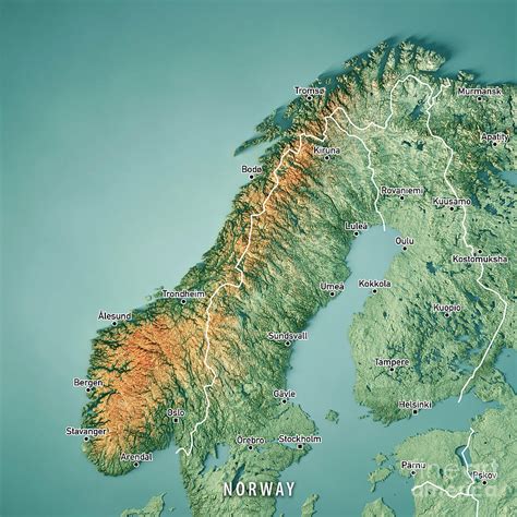 Norway 3d Render Topographic Map Color Border Cities Digital Art By