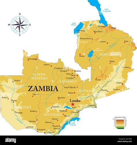 Highly Detailed Physical Map Of Zambia In Vector Formatwith All The
