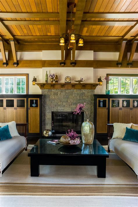 Craftsman Living Room With Exposed Beam Wood Paneled Ceiling Hgtv