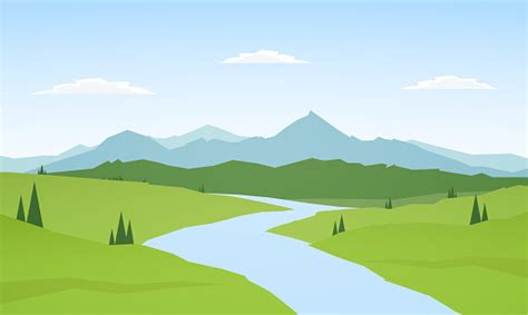 Vector Illustration Summer Mountains Landscape With River On Foreground