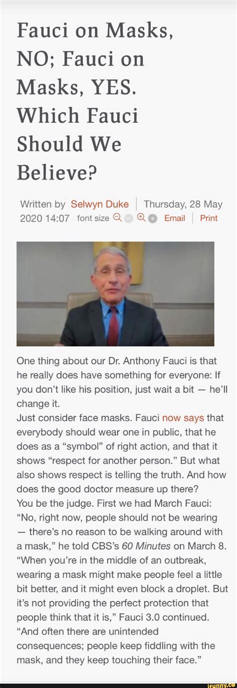 Fauci on Masks, NO; Fauci on Masks, YES. Which Fauci Should We Believe? Written by Selwyn Duke I 