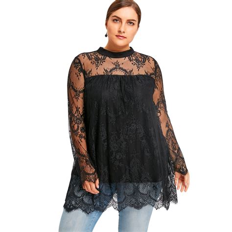 Gamiss Women Lace Tops Plus Size Lace Scalloped Edge T Shirts Autumn