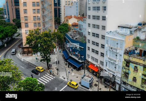 Aerial View Of Busy Street In Downtown Rio De Janeiro Brazil The