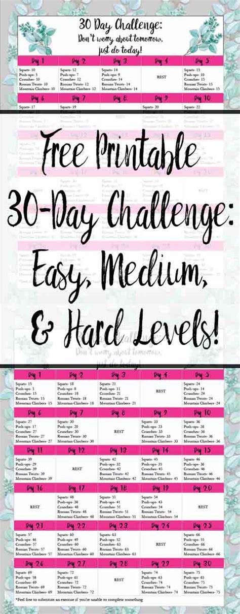 Free Exercise Printable 30 Day Challenge Easy Medium And Hard Levels