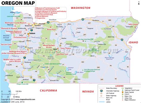 Oregon Map Showing The Major Travel Attractions Including Cities