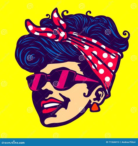 Retro Cool Girl Face Sunglasses Rockabilly Hairstyle Stock Vector