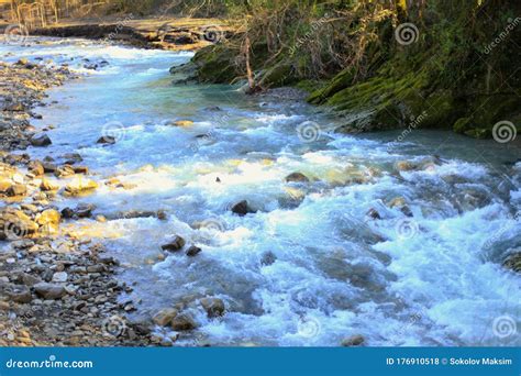 Beautiful Landscape Of Mountain River In Forest Bright Panorama Of