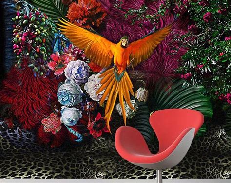 Parrot Wallpaper Floral Wall Mural Colored Leaf Flower Wall Etsy