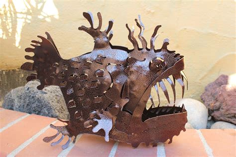 Angler Fish Lamp Metal Garden Sculpture Sea Monster 3d Etsy Metal