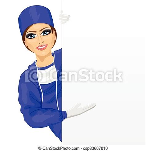 Young Female Nurse In Blue Scrub Suit Presenting Empty Banner Isolated