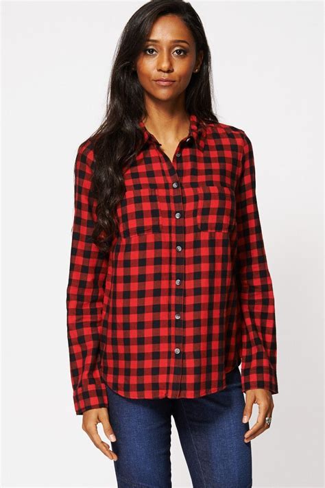 Womens Black And Red Checked Button Up Shirt Women Black And Red