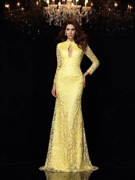 Yellow Lace Long Sleeve Open Back Mermaid Prom Gown With Keyhole Front