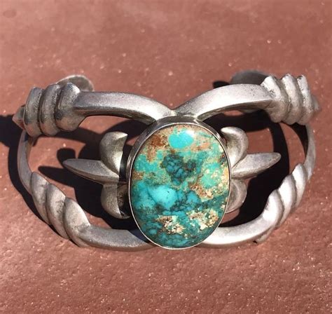 Navajo Sand Cast Sterling Silver Turquoise Cuff Bracelet Signed P