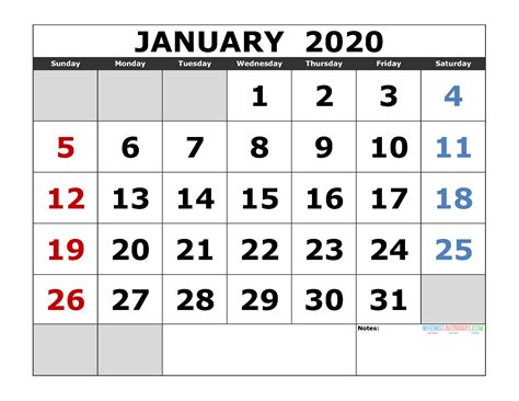 January 2020 Printable Calendar Template Excel Pdf Image Us Edition