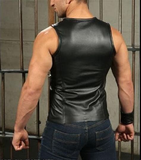Men S Leather Black Sport Tank Top Shirt Sleeveless Fitted Etsy