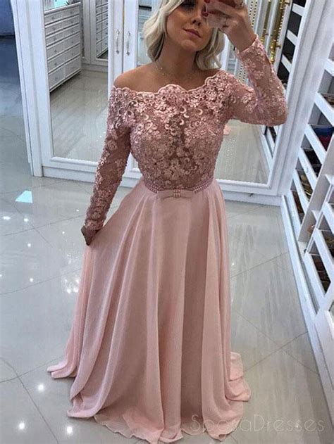 Off Shoulder Backless Long Sleeve Blush Pink Evening Prom Dresses 17401