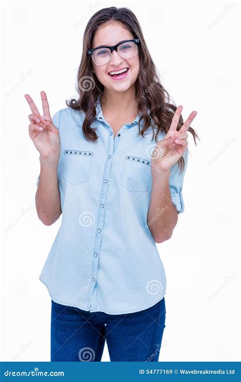 Pretty Geeky Hipster Making Peace Sign Stock Image Image Of Happy