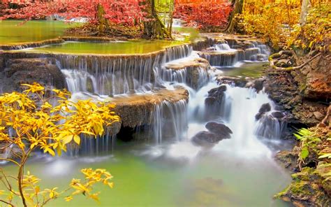 Landscape Nature Colorful Waterfall Trees Fall Roots Tropical Thailand
