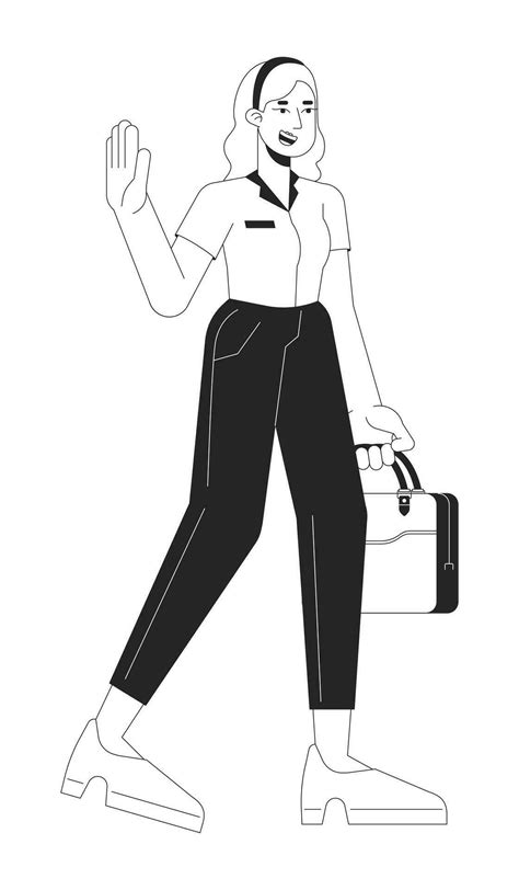 Happy Office Worker Female Leaving Work Black And White 2d Line Cartoon