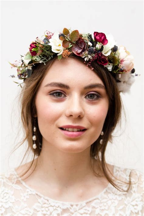 Beige Wedding Burgundy Flower Crown Fall Flower Headband Etsy Bridal Floral Crown Burgundy