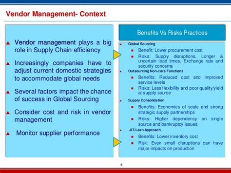 The purpose of a vendor management policy is to identify which vendors put your organization at risk and then define controls to minimize that risk. Vendor risk management 2013