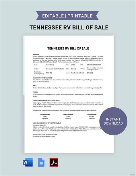 Tennessee Rv Bill Of Sale Template In Portable Documents Ms Word