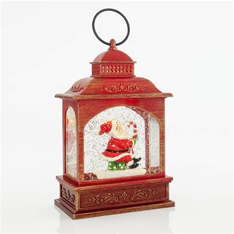 Lighted Lantern Red With Santa Claus Battery Operated With Timer