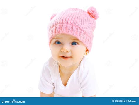 Portrait Cute Smiling Baby In Knitted Pink Hat On White Stock Photo