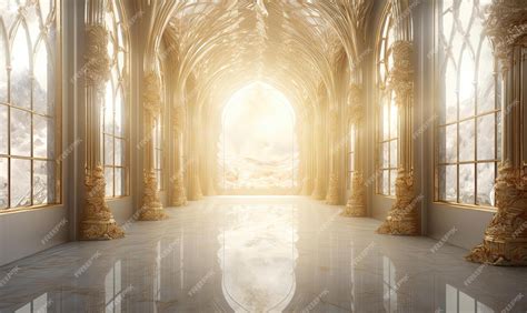 Premium Ai Image Golden Hallway Inside An Ornate Castle In The Style
