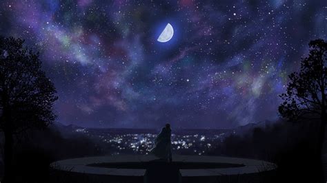 Wallpaper City Night Anime Galaxy Sky Clouds Moon Moonlight