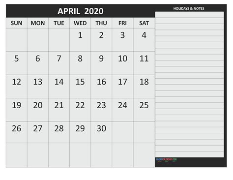 April 2020 Calendar With Holidays Free Printable By Word